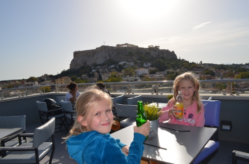 Upon arrival of our hotel, this is the terrace with an amazing view of The Acropolis (the hill) and the Parthenon on top.