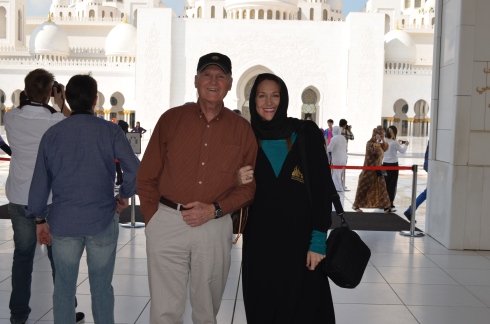 Dad and I at the Grand Mosque. I put my arm around him, and we were kindly told we were not allowed to 'hug.'