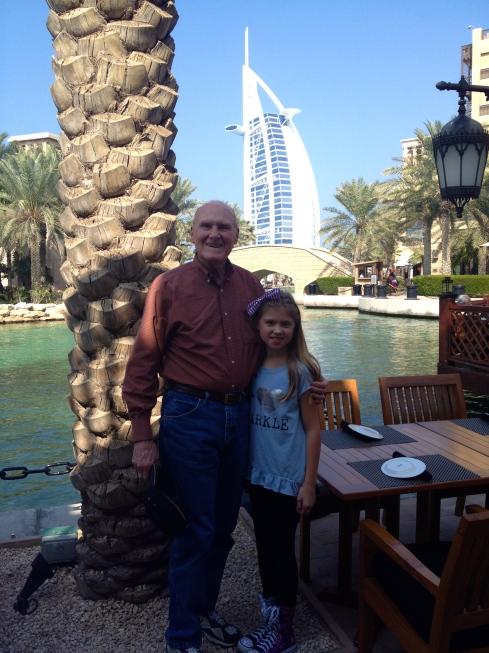 Dad and Molly in Souk Madinet, right next to the Burj Al Arab.
