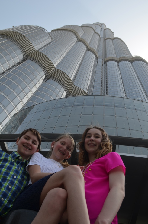 Will, Rebecca and Emma directly in front of the Burj Khalifa.